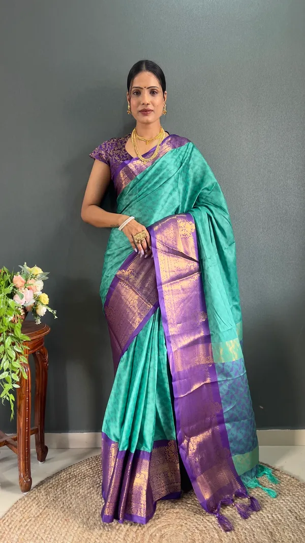 Rama_&_Purple_Ready_To_Wear_Aqua_Banarasi_Silk_Saree_With_Border