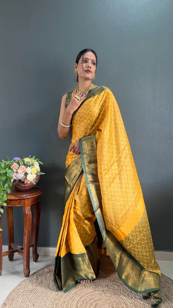 Ready_To_Wear_Yellowgreen_Banarasi_Silk_Saree_With_Border