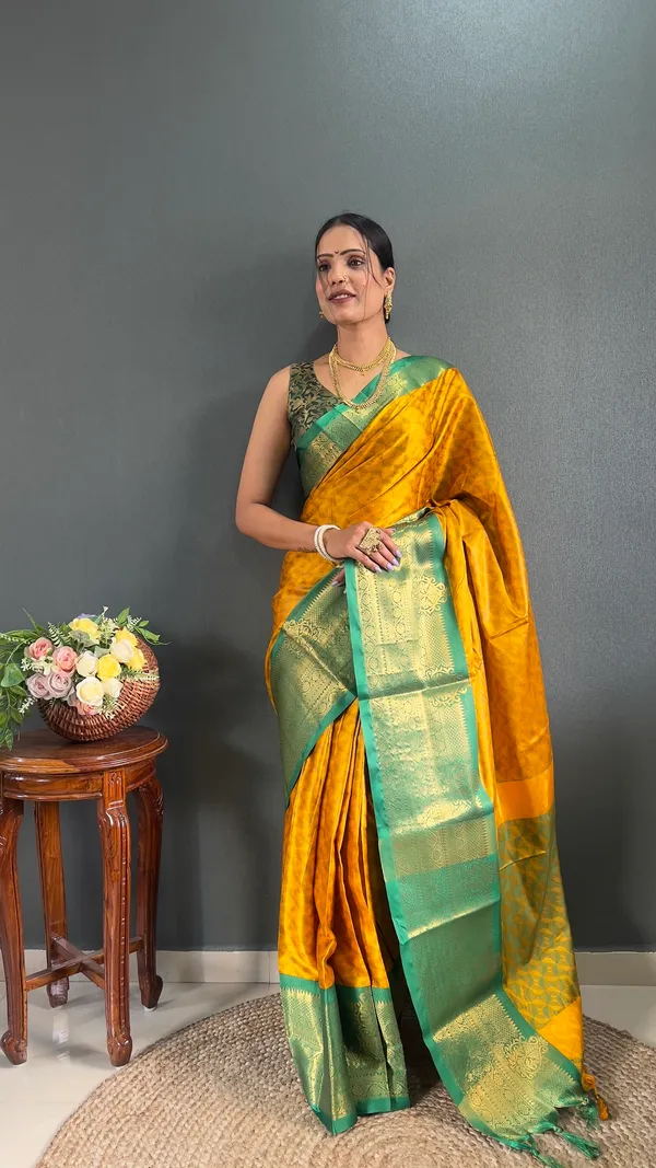 Ready_To_Wear_Yellowgreen_Banarasi_Silk_Saree_With_Border
