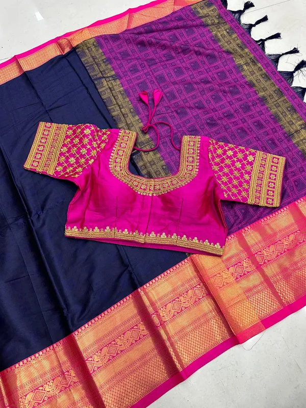 Blue-Pink_Heavy_Aura_Rich_Cotton_Silk_Design_&_Contrast_Jequared_Weaving_Rich_Heavy_Border_With_Embroidred_Reddy_Made_Blouse