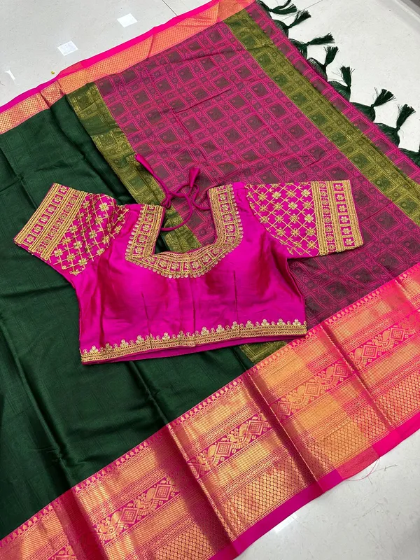 Green-Pink_Heavy_Aura_Rich_Cotton_Silk_Design_&_Contrast_Jequared_Weaving_Rich_Heavy_Border_With_Embroidred_Reddy_Made_Blouse