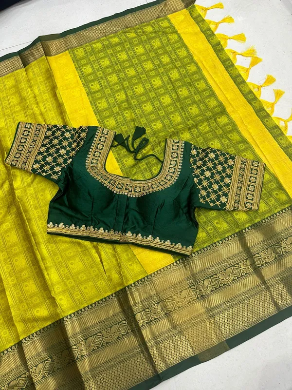 Lemon-Green_Heavy_Aura_Rich_Cotton_Silk_Design_&_Contrast_Jequared_Weaving_Rich_Heavy_Border_With_Embroidred_Reddy_Made_Blouse