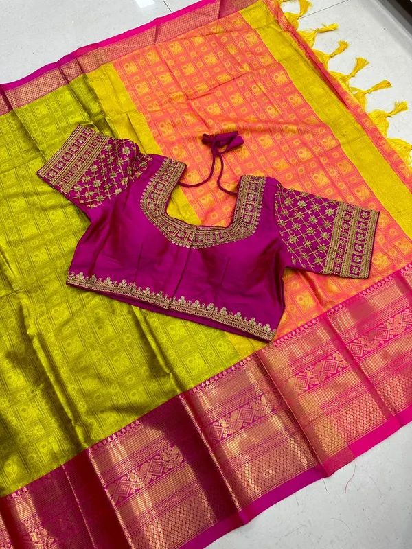 Lemon-Pink_Heavy_Aura_Rich_Cotton_Silk_Design_&_Contrast_Jequared_Weaving_Rich_Heavy_Border_With_Embroidred_Reddy_Made_Blouse