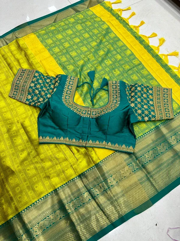Lemon-Rama_Heavy_Aura_Rich_Cotton_Silk_Design_&_Contrast_Jequared_Weaving_Rich_Heavy_Border_With_Embroidred_Reddy_Made_Blouse
