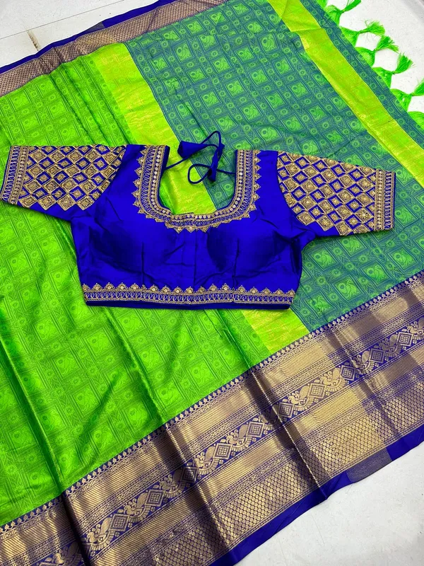 Parrot-Blue_Heavy_Aura_Rich_Cotton_Silk_Design_&_Contrast_Jequared_Weaving_Rich_Heavy_Border_With_Embroidred_Reddy_Made_Blouse