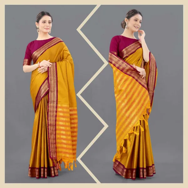 Yellow_Self_Design_Kanjivaram_Cotton_Silk_Saree