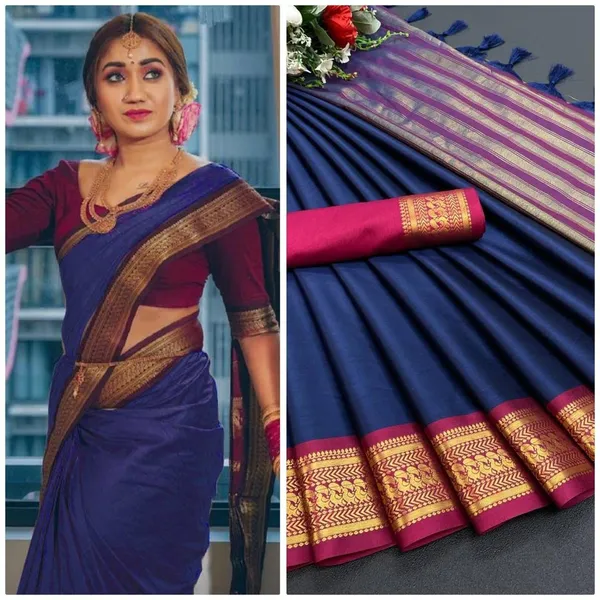 Blue_Temple_Border_Daily_Wear_Silk_Blend_Saree