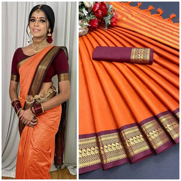 Orange_Temple_Border_Daily_Wear_Silk_Blend_Saree
