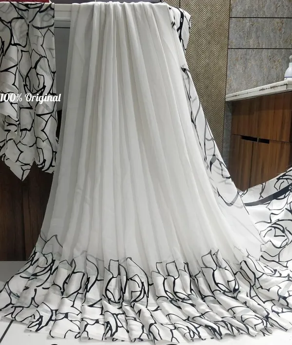 White_Printed_Bandhani_Georgette_Saree