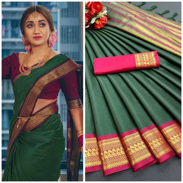 Green_Temple_Border_Daily_Wear_Silk_Blend_Saree