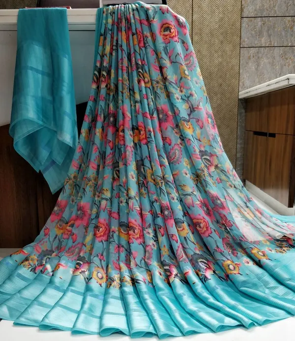 Blue_Floral_Print_Bollywood_Georgette_Saree