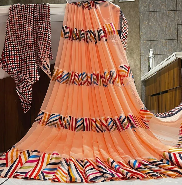 Orange_Floral_Print_Daily_Wear_Georgette,_Chiffon_Saree