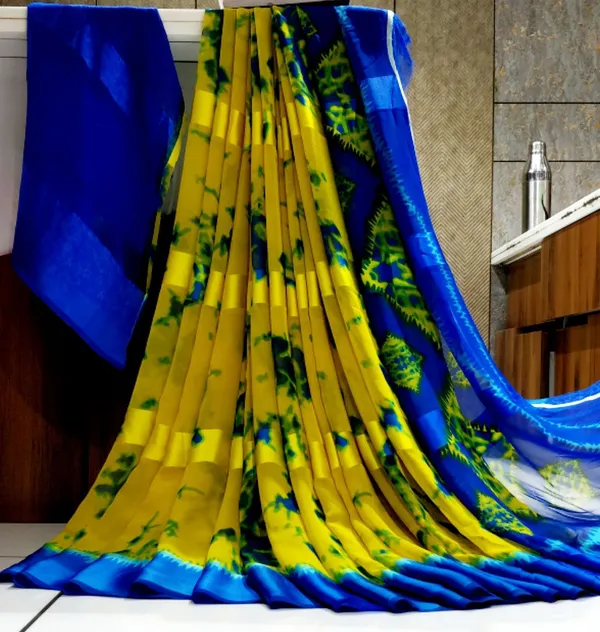Blue_&_Yellow_Printed,_Floral_Print_Daily_Wear_Georgette,_Satin_Saree