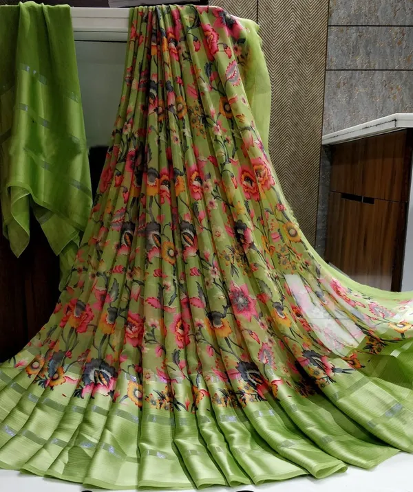 Green_Floral_Print_Banarasi_Georgette_Saree