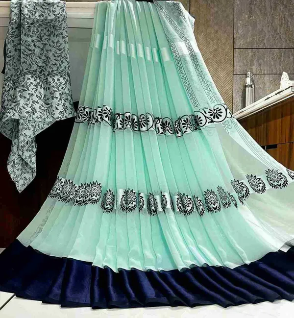 Sky_Blue_Printed,_Floral_Print_Daily_Wear_Georgette,_Satin_Saree