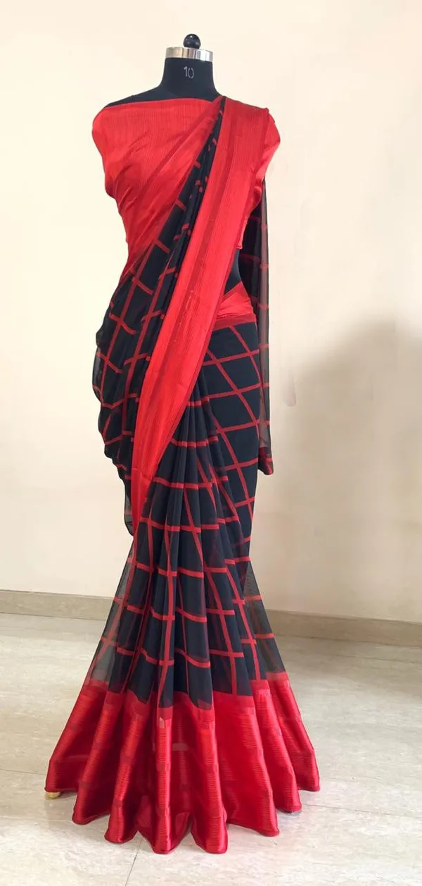 Red_&_Black_Floral_Print_Banarasi_Georgette_Saree