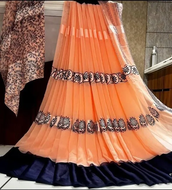 Orange_Printed,_Floral_Print_Daily_Wear_Georgette,_Satin_Saree
