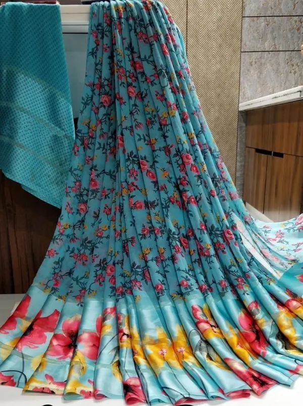 Blue_Floral_Print_Bollywood_Georgette_Saree