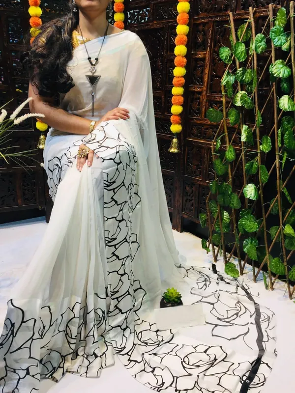 White_Printed_Bandhani_Georgette_Saree