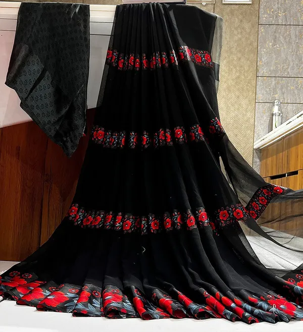 Red_&_Black_Floral_Print_Daily_Wear_Georgette,_Chiffon_Saree