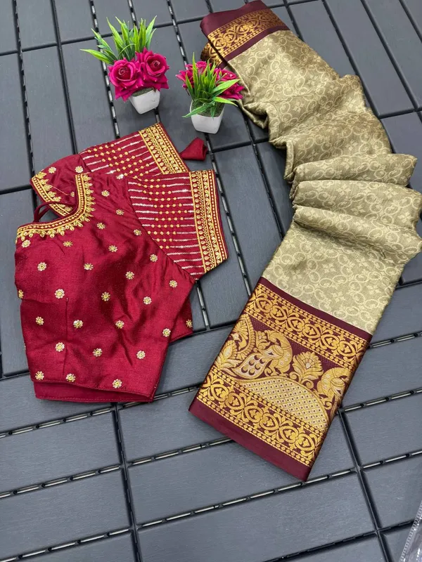Beige_Dharam_Varam_Silk_Saree_With_Ready_Made_Embroidery_Blouse