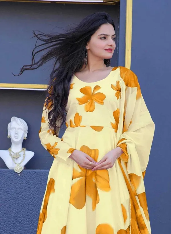 Yellow_Georgette_Floral_Printed_Anarkali_Gown__With_Duppata