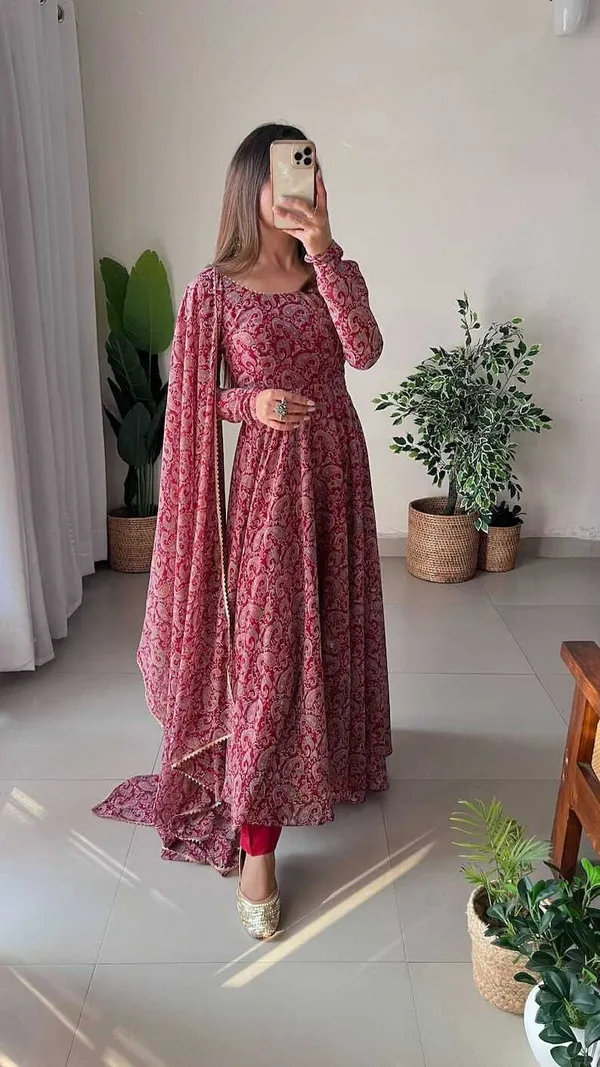 Maroon_Georgette_Floral_Printed_Anarkali_Gown__With_Duppata