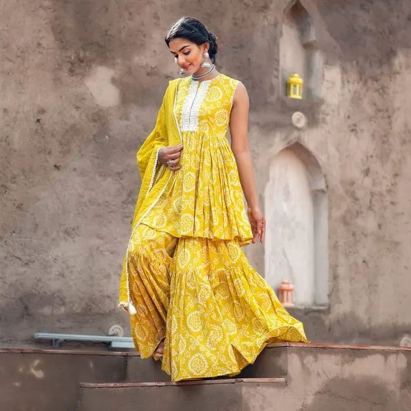 Yellow_Cotton_Rayon_Kurta__Sharara__Dupatta_Set___With_Duppata