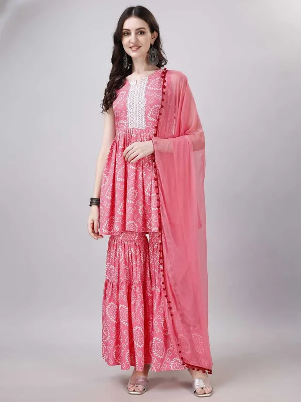 Peach_Cotton_Rayon_Kurta__Sharara__Dupatta_Set___With_Duppata
