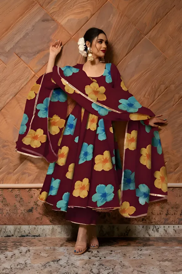 Eshanay_Fashion_Maroon_Georgette_Floral_Printed_Kurta_Pant__With_Duppata_set