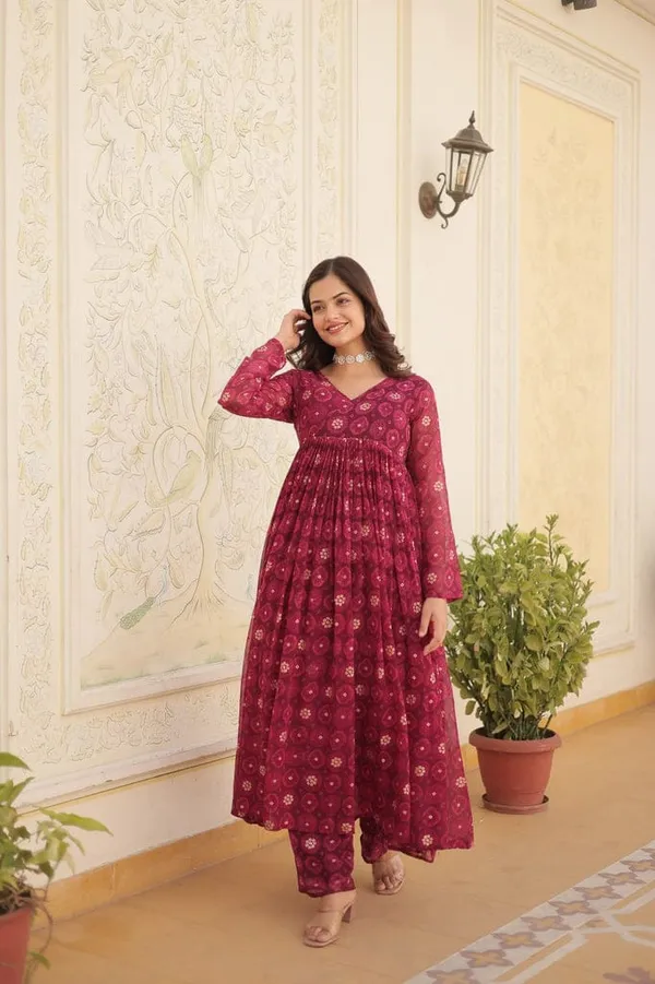 Eshanay_Fashion_Rani_Pink_Faux_Georgette_Foil_Print_Readymade_Top_with_Pant_Set