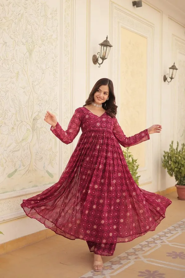 Eshanay_Fashion_Rani_Pink_Faux_Georgette_Foil_Print_Readymade_Top_with_Pant_Set