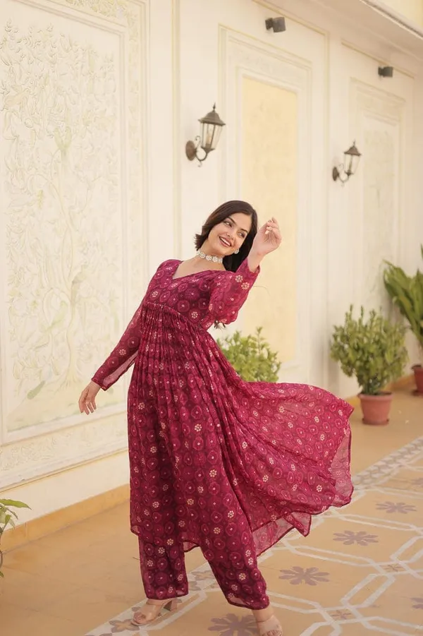 Eshanay_Fashion_Rani_Pink_Faux_Georgette_Foil_Print_Readymade_Top_with_Pant_Set