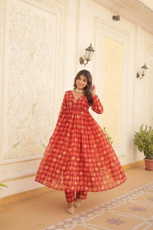 Eshanay_Fashion_Red_Faux_Georgette_Foil_Print_Readymade_Top_with_Pant_Set