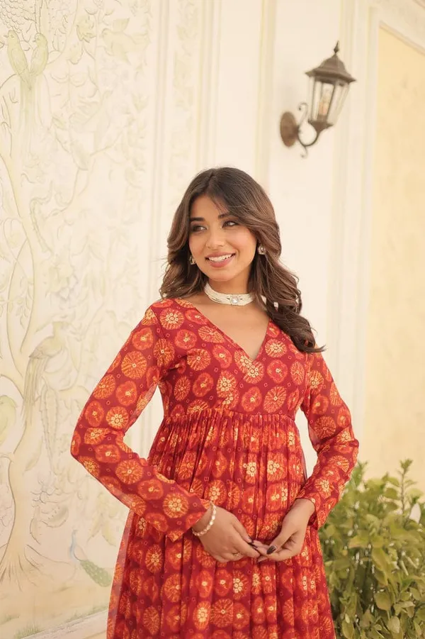 Eshanay_Fashion_Red_Faux_Georgette_Foil_Print_Readymade_Top_with_Pant_Set