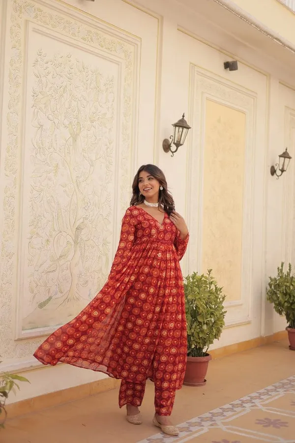 Eshanay_Fashion_Red_Faux_Georgette_Foil_Print_Readymade_Top_with_Pant_Set