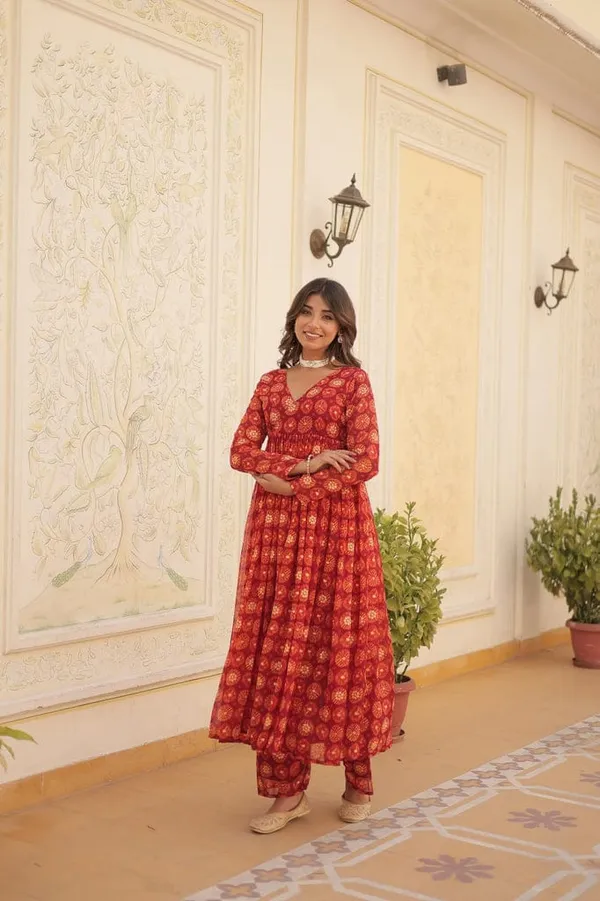 Eshanay_Fashion_Red_Faux_Georgette_Foil_Print_Readymade_Top_with_Pant_Set