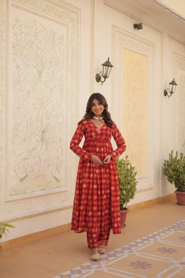 Eshanay_Fashion_Red_Faux_Georgette_Foil_Print_Readymade_Top_with_Pant_Set