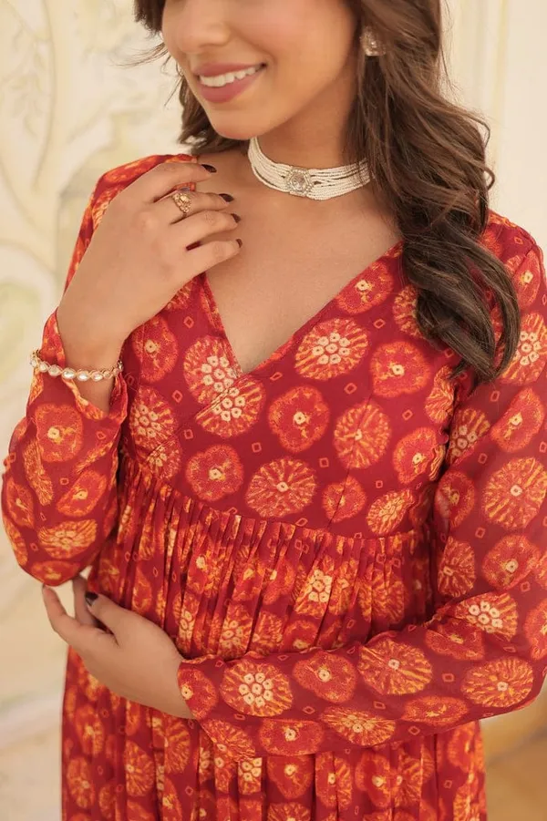 Eshanay_Fashion_Red_Faux_Georgette_Foil_Print_Readymade_Top_with_Pant_Set