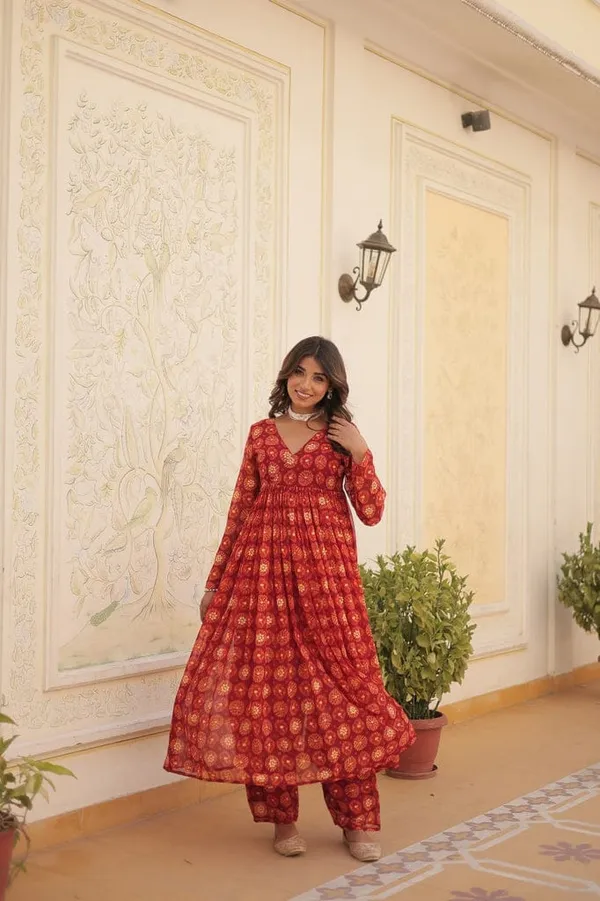 Eshanay_Fashion_Red_Faux_Georgette_Foil_Print_Readymade_Top_with_Pant_Set