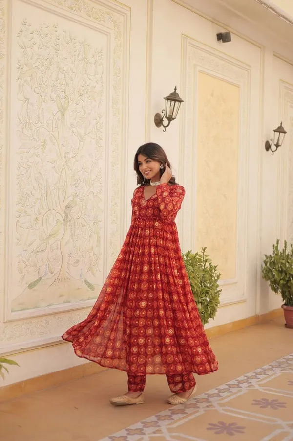 Eshanay_Fashion_Red_Faux_Georgette_Foil_Print_Readymade_Top_with_Pant_Set