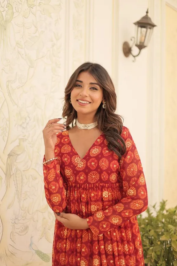Eshanay_Fashion_Red_Faux_Georgette_Foil_Print_Readymade_Top_with_Pant_Set
