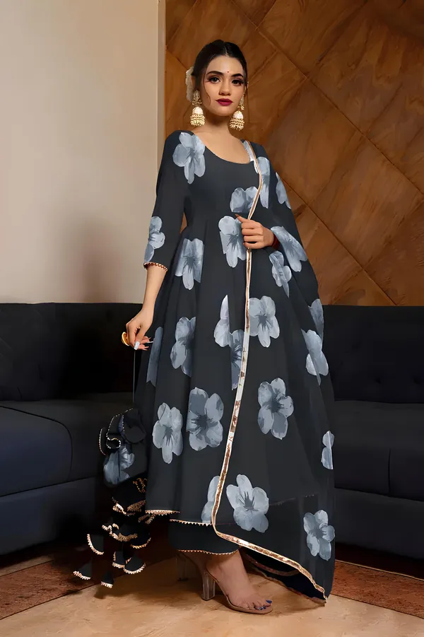 Eshanay_fashion_Black_Georgette_Floral_Printed_Kurta_Pant__With_Duppata_set