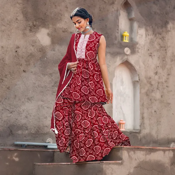 Maroon_Cotton_Rayon_Kurta__Sharara__Dupatta_Set___With_Duppata