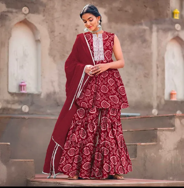 Maroon_Cotton_Rayon_Kurta__Sharara__Dupatta_Set___With_Duppata