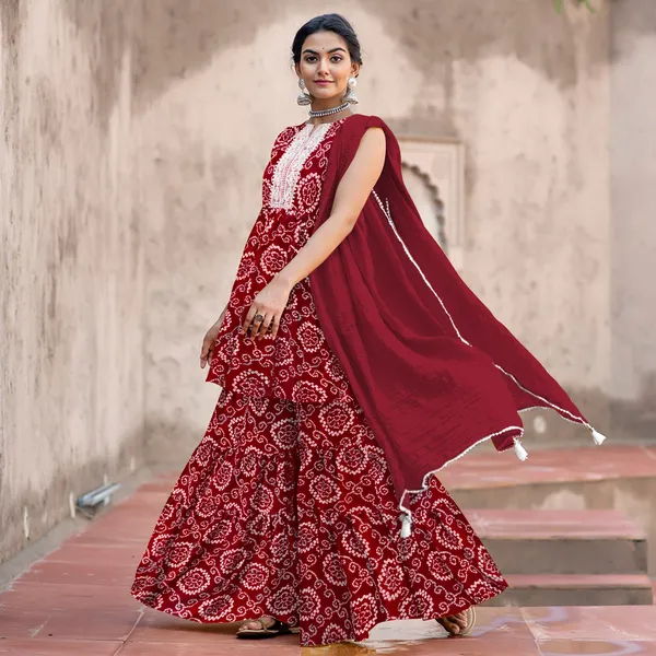 Maroon_Cotton_Rayon_Kurta__Sharara__Dupatta_Set___With_Duppata