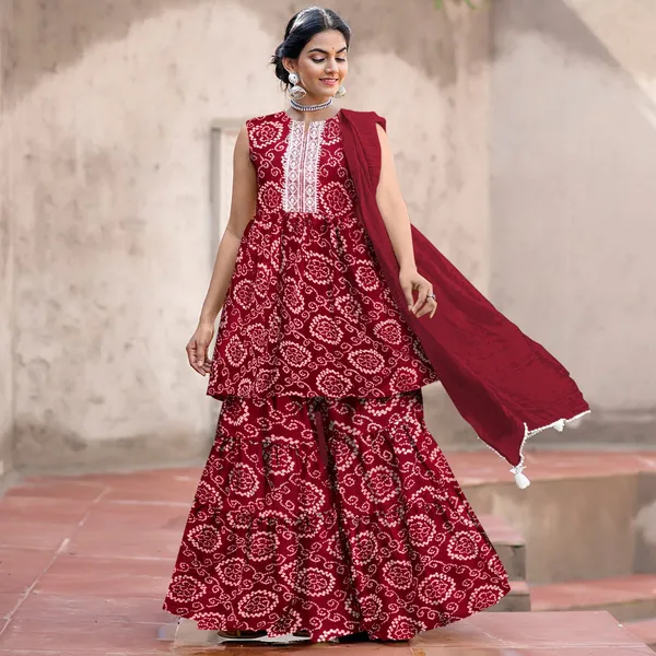Maroon_Cotton_Rayon_Kurta__Sharara__Dupatta_Set___With_Duppata