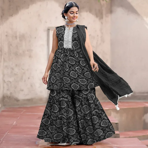 Black_Cotton_Rayon_Kurta__Sharara__Dupatta_Set___With_Duppata
