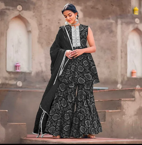 Black_Cotton_Rayon_Kurta__Sharara__Dupatta_Set___With_Duppata
