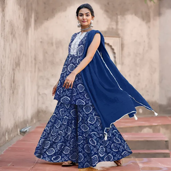 Blue_Cotton_Rayon_Kurta__Sharara__Dupatta_Set___With_Duppata